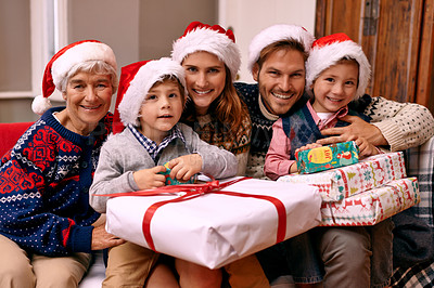 Buy stock photo Portrait of a family enjoying themselves at Christmas