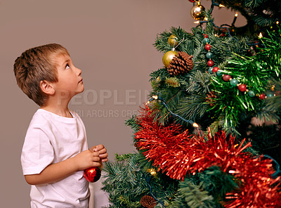 Buy stock photo A young boy decorating a Christmas tree