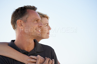 Buy stock photo Couple, hug and love together with thoughts for relationship, commitment and happiness with trust. Man, woman and partnership with affection for romance, connection and dating for marriage with care
