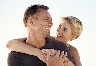 Buy stock photo Couple, hug and love together outdoors for relationship, commitment and happiness with trust. Man, woman and partnership with affection for romance, connection and support with white background.