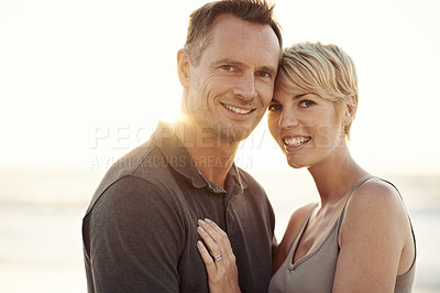 Buy stock photo Couple, care and hug together with portrait for relationship, commitment and happiness with trust. Man, woman and partnership with affection for romance, connection and dating for marriage with love