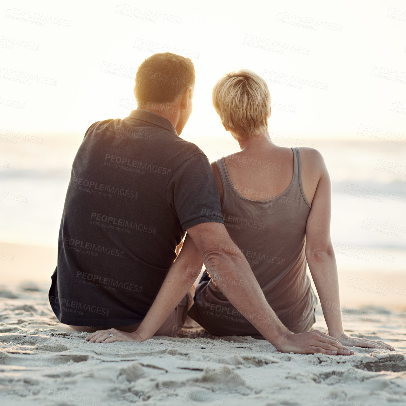Buy stock photo Couple, beach and sunset relax or travel vacation on tropical island for marriage commitment, holiday or paradise. Man, woman and rear view on sea sand in California for date together, rest or summer