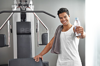 Buy stock photo Happy, portrait and man at gym with water bottle for recovery after exercise for body building. Healthy, fitness and person relax after workout with hydration for benefits to wellness in Mexico