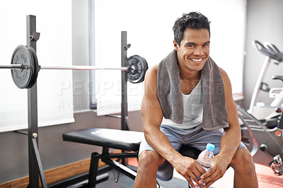 Buy stock photo Happy, man and portrait at gym with water bottle for recovery after exercise and body building. Healthy, fitness or person relax after workout with liquid hydration for benefits to wellness in Mexico