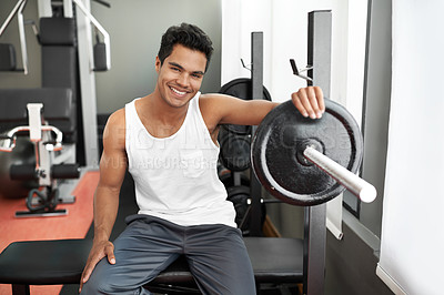 Buy stock photo Bench, weights and portrait of man at gym with happiness for workout as body builder in Mexico. Healthy, person and smile after weightlifting exercise for strong muscle, fitness and training arms 