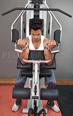 Buy stock photo Bench, weights and man with gym machine, workout and challenge with endurance and progress. Bodybuilder, person and guy in a health center, strong and exercise with strength training and fitness