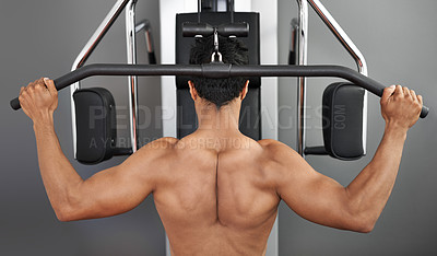 Buy stock photo Exercise, pull down machine and man in studio on gray background for training or workout at gym. Back, health or shoulder press and body builder with equipment for wellness, strength or power