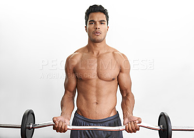 Buy stock photo Man lifting barbell, portrait and fitness in gym, strength training and endurance with bodybuilding. Exercise, mockup space and person with equipment, power and workout in a wellness center or muscle