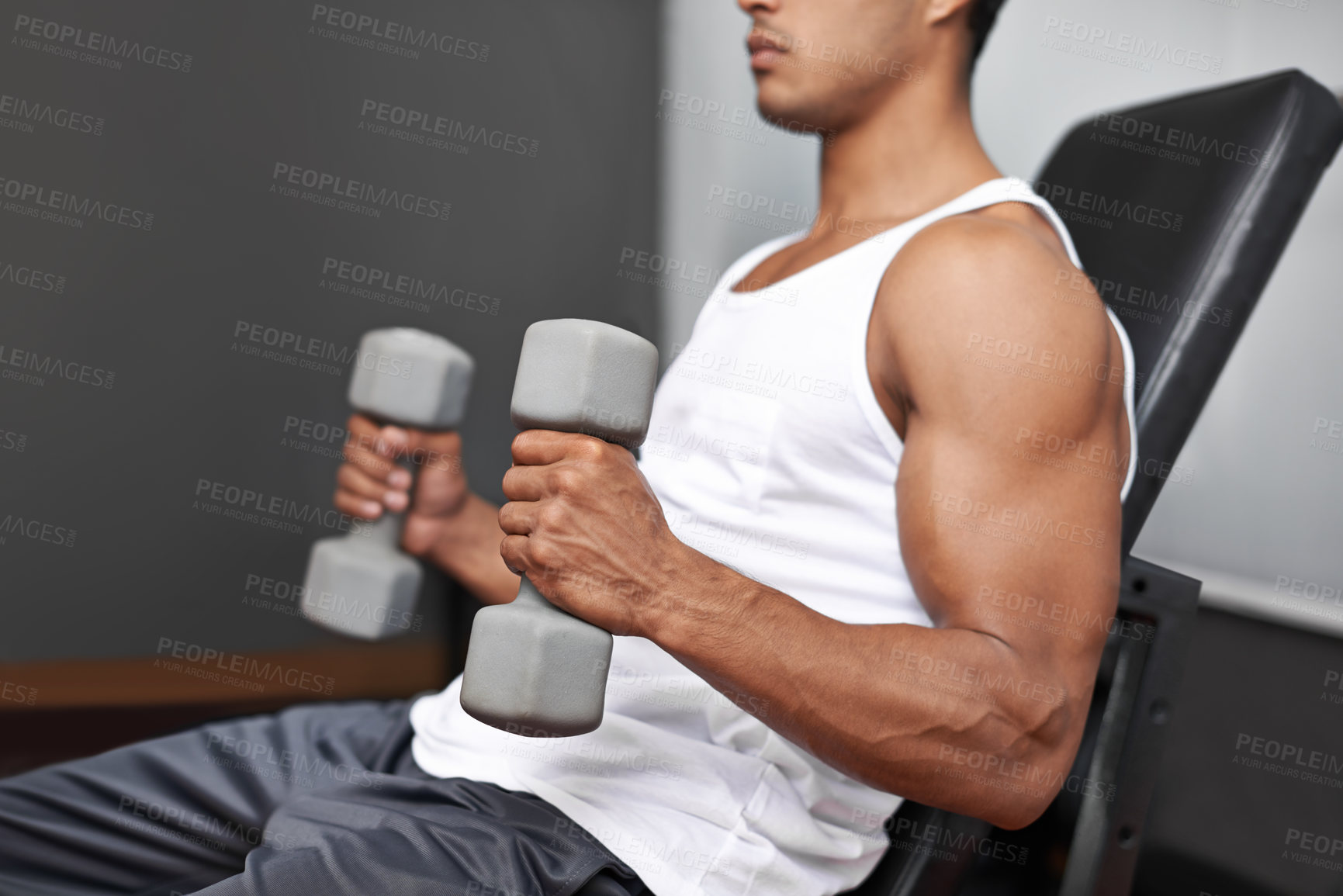 Buy stock photo Closeup, dumbbells and man with fitness, exercise and strength training with progress and challenge. Bodybuilder, gym and person with gym equipment and muscle with workout, wellness center and power