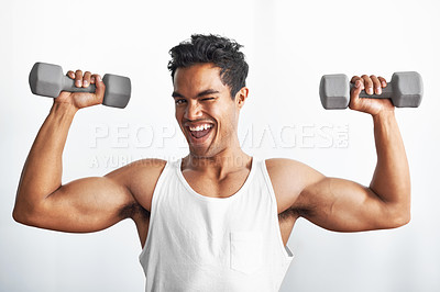 Buy stock photo Fitness, portrait and happy man with dumbbell in studio gym for weightlifting, sports or strength on white background. Training, face or male bodybuilder with power, performance or bicep challenge