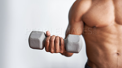 Buy stock photo Hand, dumbbell and arm workout for weightlifting routine for endurance challenge or fit muscle, training or wellness. Bodybuilder, bicep and equipment in Miami or white background, mockup or studio