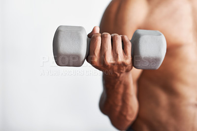Buy stock photo Closeup, hand and man with dumbbell, exercise and weights training for wellness and endurance. Person, bodybuilder and guy with equipment and progress with fitness and strong with health and energy