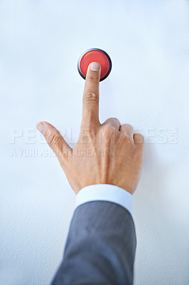 Buy stock photo Businessman, hands and red button for war, nuclear launch or initiation on a blue studio background. Closeup of man or president touching switch for nuke, control or emergency in safety or security