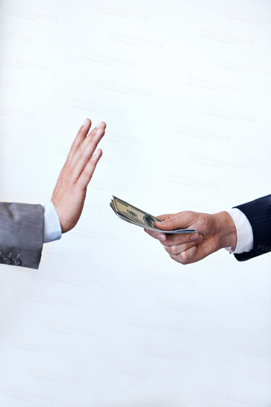 Buy stock photo Business people, hands and rejection with money for bribe, payment or fraud on a white studio background. Closeup of employee saying no to cash, dollar bills or paper for secret or bribery on mockup