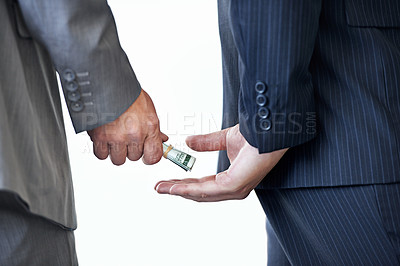 Buy stock photo Business people, hands and money for bribe and corruption in company with money laundering on white background. Illegal professional deal, cash or payment for crime with scam and fraud in finance