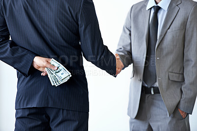 Buy stock photo Handshake, deal with corruption and business people in meeting, illegal partnership and fraud with money laundering. Agreement, collaboration and payment for crime with bribery on white background