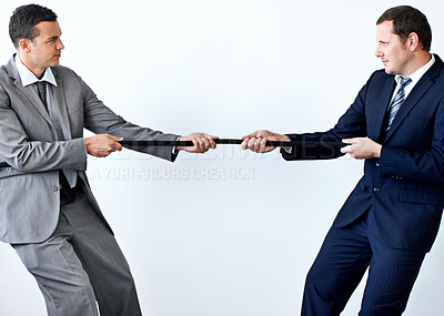 Buy stock photo Businessmen, suits and determined with holding rope for competition, conflict and challenge. Male business people, standing and tug of war and drive with mockup in studio on white background