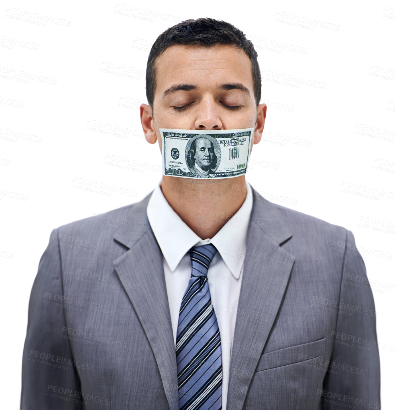 Buy stock photo Business man, money and mouth for silence, bribe or corruption with suit in studio by white background. Person, cash and quiet for corporate crime with fraud, finance and payment with eyes closed