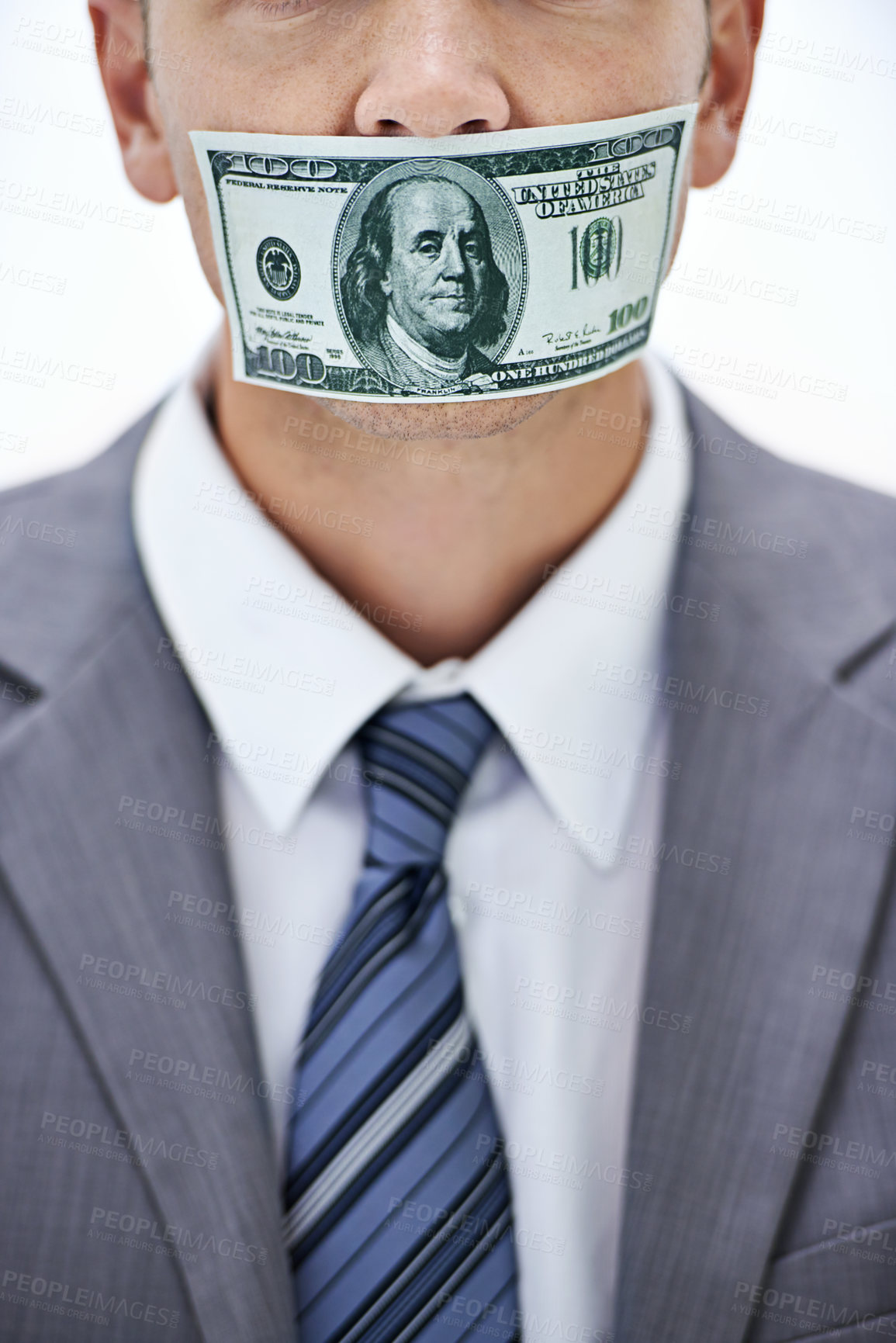 Buy stock photo Business man, cash and mouth for silence, bribe or corruption with suit in studio by white background. Person, money and quiet for corporate crime with fraud, finance or illegal payment at job in USA
