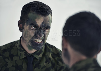 Buy stock photo Soldier, man and mirror with camouflage for war with thinking, decision and anger to fight war. Person, agent or officer in military with reflection for choice, uniform and face paint for conflict