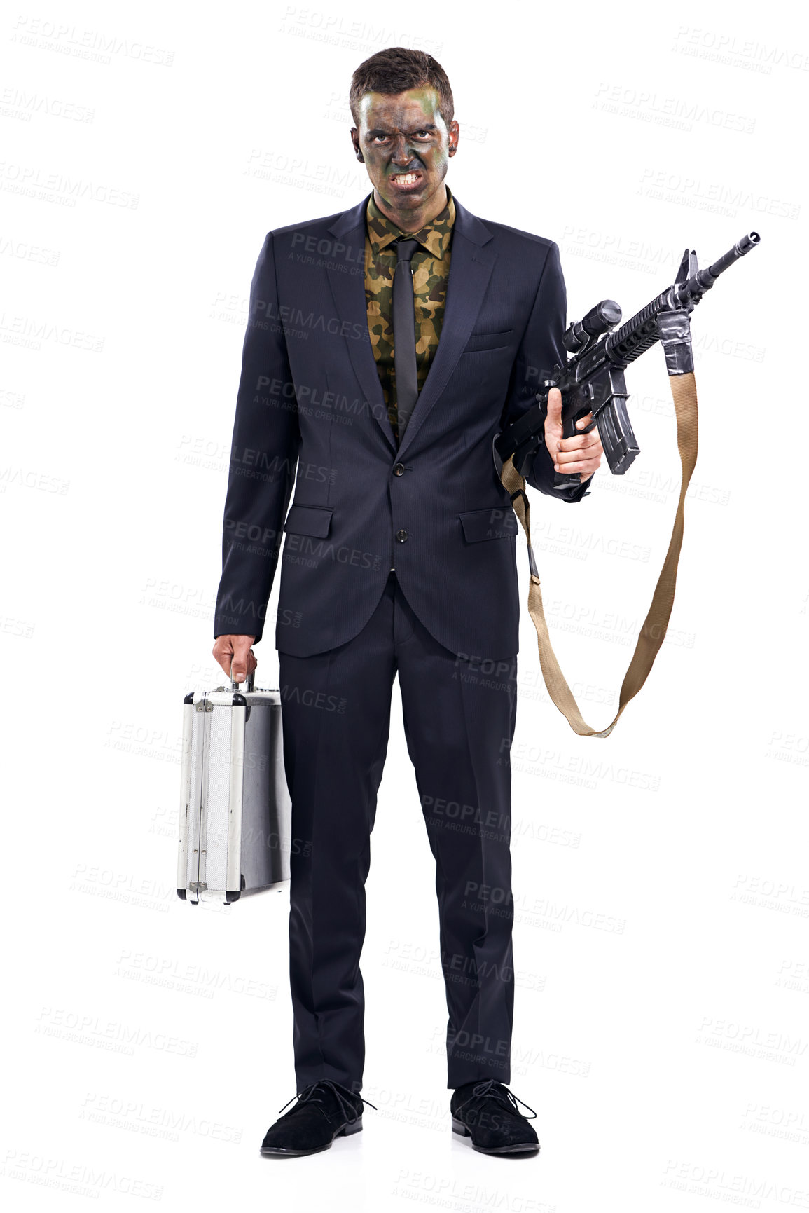 Buy stock photo Business man, gun and portrait for war with briefcase, anger or camouflage with face paint in studio. Person, assault rifle and corruption in military gear for deal, conflict or weapon sales in USA
