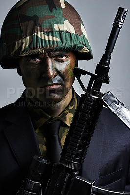 Buy stock photo Soldier, man and gun in portrait with camouflage face paint for conflict, war and suit for corporate crime. Person, rifle and helmet in military gear with anger for battle, challenge or human rights