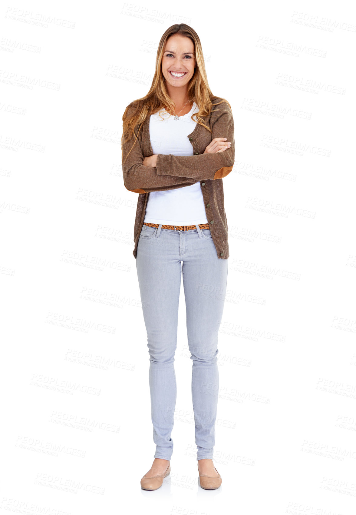 Buy stock photo Portrait, smile and woman with arms crossed, fashion and casual outfit isolated against white studio background. Face, female person or model with happiness, carefree or beauty with positive attitude