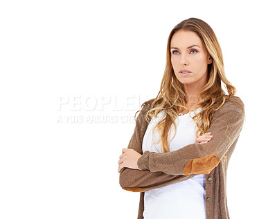 Buy stock photo Casual fashion, confidence and woman in studio with arms crossed, thinking and mockup space. Calm face, relax and weekend style for serious woman with idea, reflection and insight on white background