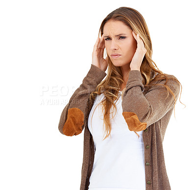 Buy stock photo Caucasian woman, stress and studio with mockup, anxiety and thinking about career choice for new year. Female person, overwhelmed and tension by white background with space, irritated and headache