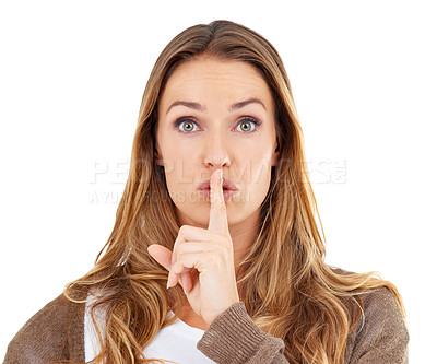 Buy stock photo Woman, shush and portrait for mystery in studio, symbol and confidential info or emoji. Female person, finger and privacy icon for quiet on white background, opinion and silence for announcement