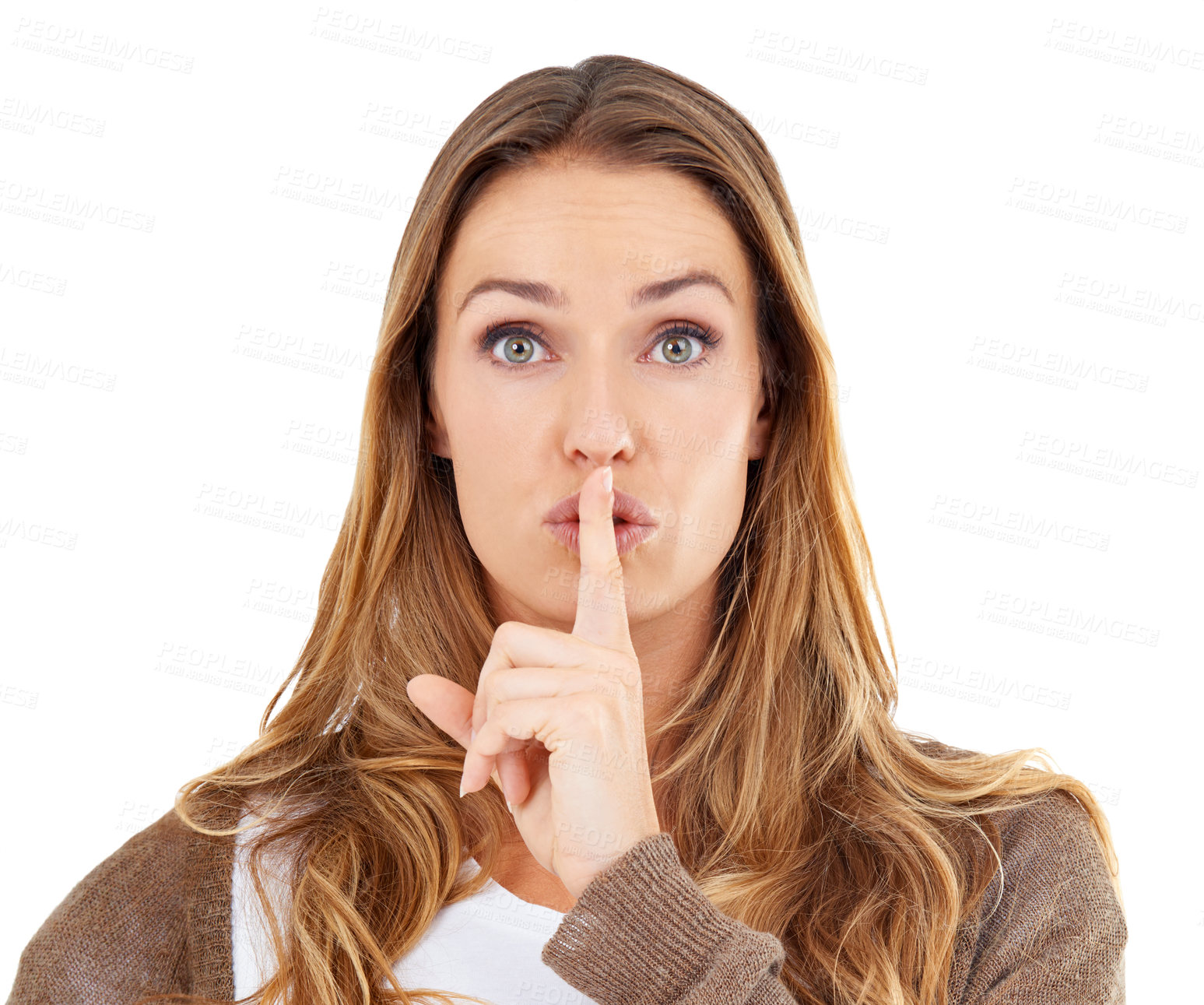 Buy stock photo Woman, shush and portrait for mystery in studio, symbol and confidential info or emoji. Female person, finger and privacy icon for quiet on white background, opinion and silence for announcement