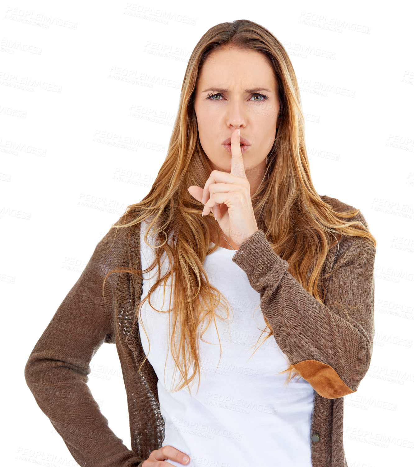 Buy stock photo Portrait, woman and finger on lips for secret, privacy and confidential gossip isolated on white studio background. Face, shush and hand gesture of serious person for silence, sign or emoji for noise