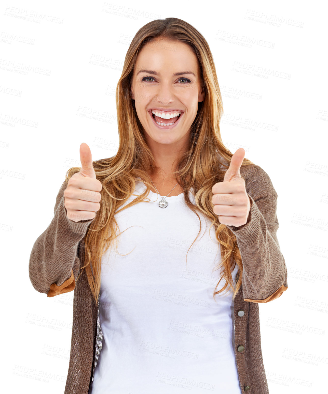Buy stock photo Success, thumbs up and woman in portrait isolated on a white background in thank you, support or like sign. Winning, winner or excited casual person for yes, okay or good job emoji or hands in studio