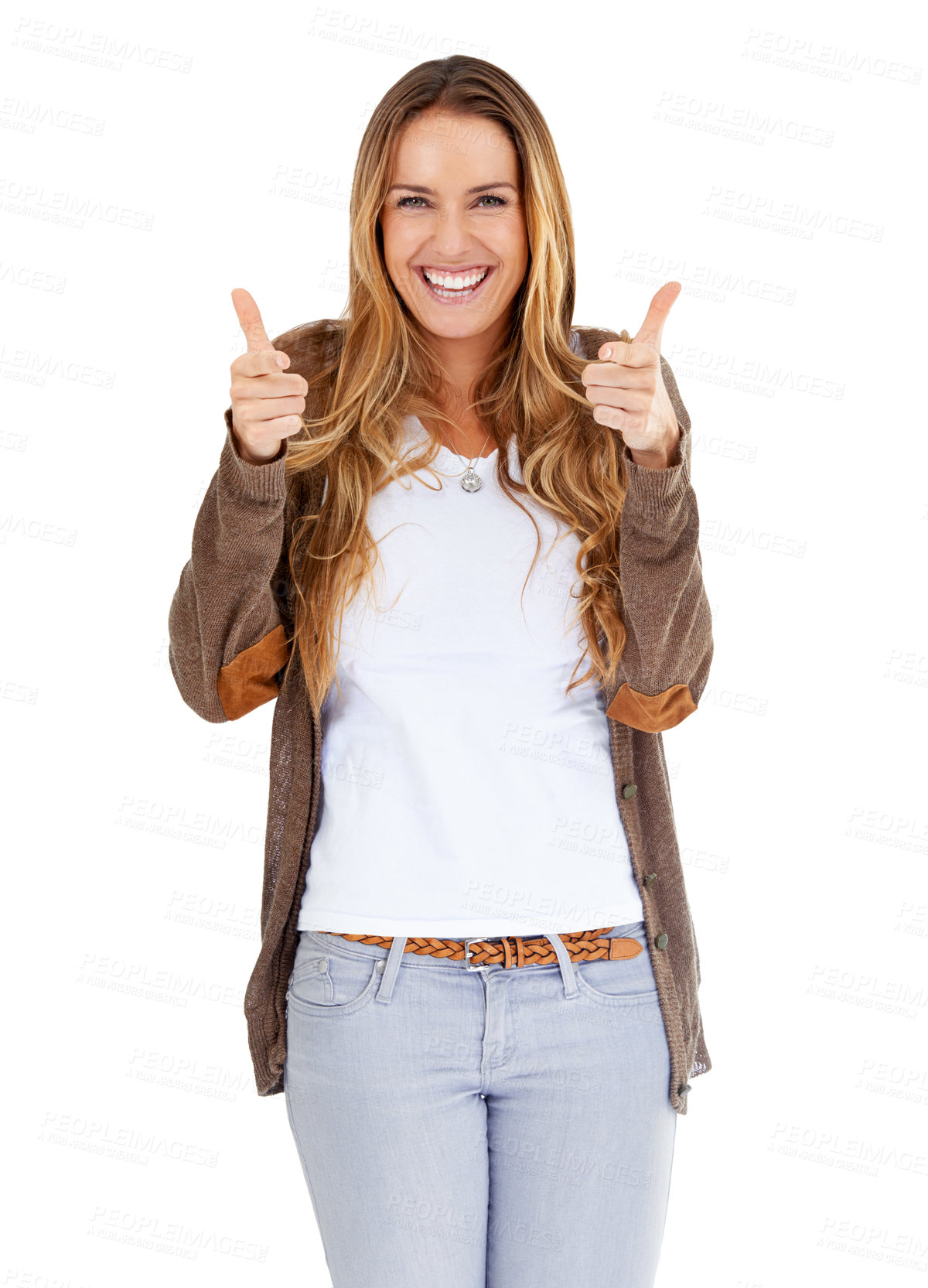 Buy stock photo Excited, thumbs up and portrait of woman isolated on a white background for success, winning and like hands sign. Winner, happy person or model with yes, thank you or congratulations emoji in studio