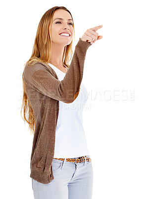 Buy stock photo Woman, pointing and happy for recommendation in studio, presentation and mockup space for information. Female person, direction and guide to promotion or announcement, smiling and discount or deal