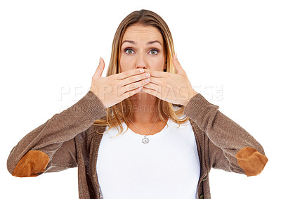 Buy stock photo Studio, portrait and shocked with fashion, secret and white background. Model, gossip and surprise with mockup, anxiety and covered mouth with fear or wow for emotional mistake or failure with worry