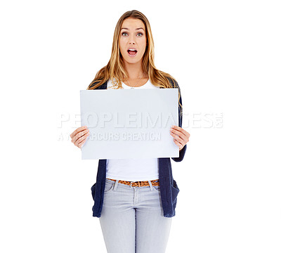 Buy stock photo Studio, blank sign and portrait of woman in shock for deal, promo or happy news mockup. Signage, offer and excited girl with poster announcement, discount or info on cardboard with white background.