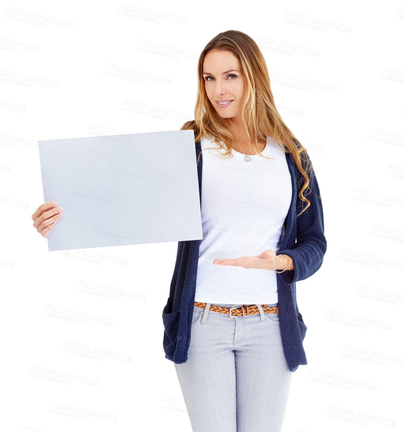 Buy stock photo Studio, blank card and portrait of woman showing for deal, promo or presentation of mockup. Signage, offer and excited girl with sign announcement, discount or info on cardboard with white background