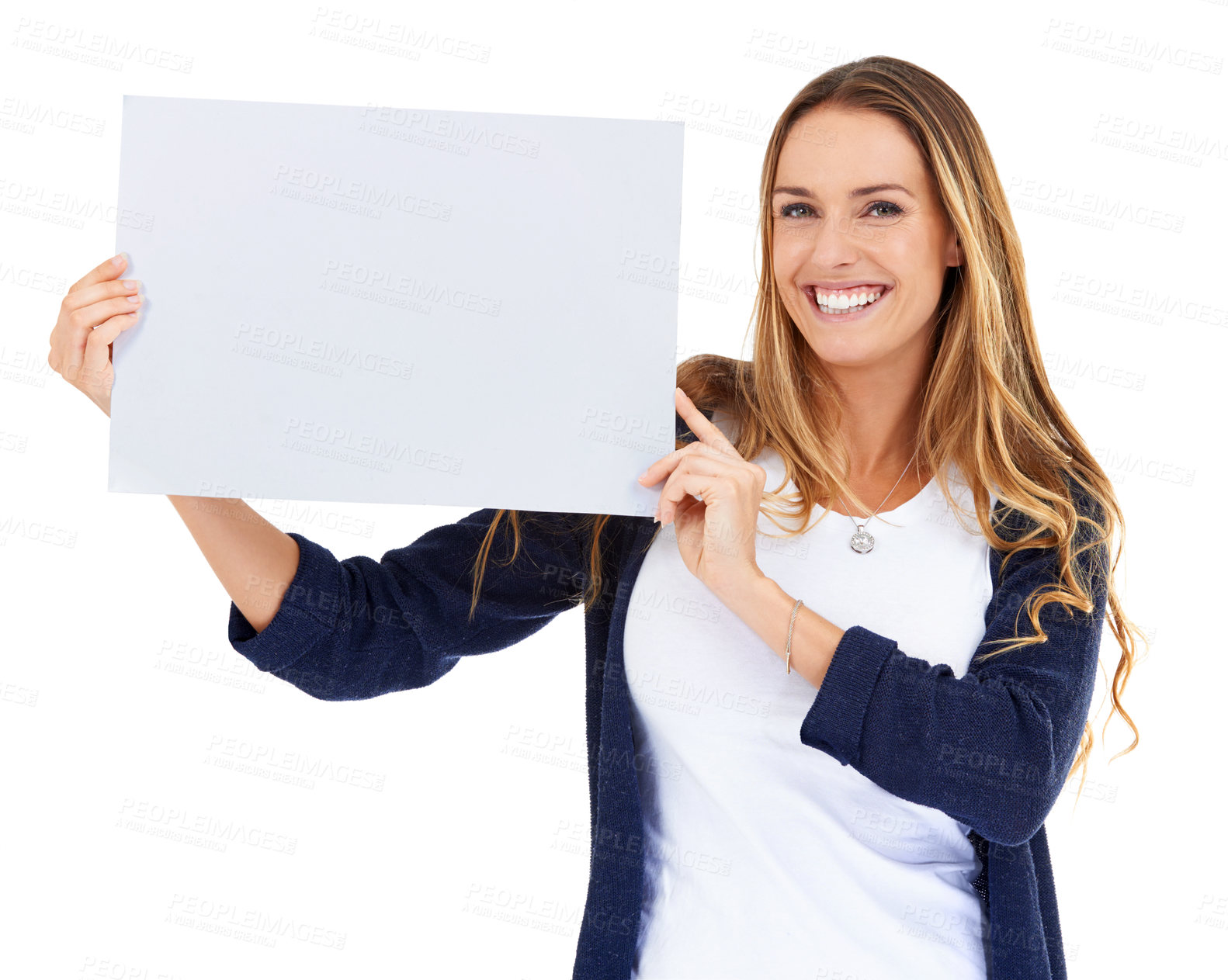 Buy stock photo Poster mockup, portrait and happy woman isolated on white background for creative presentation or promo space. Face of person with board, empty paper or sign for announcement, news and studio mock up