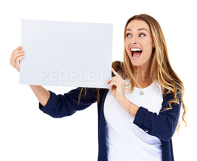Buy stock photo Poster mockup, wow and excited woman isolated on a white background for news, presentation or announcement space. Happy female person with board, empty sign for surprise or promo deal in studio