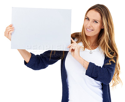 Buy stock photo Presentation, blank sign and portrait of woman in studio for deal, promo or happy news mockup. Signage, offer and girl with announcement on poster, opinion or info on cardboard with white background.