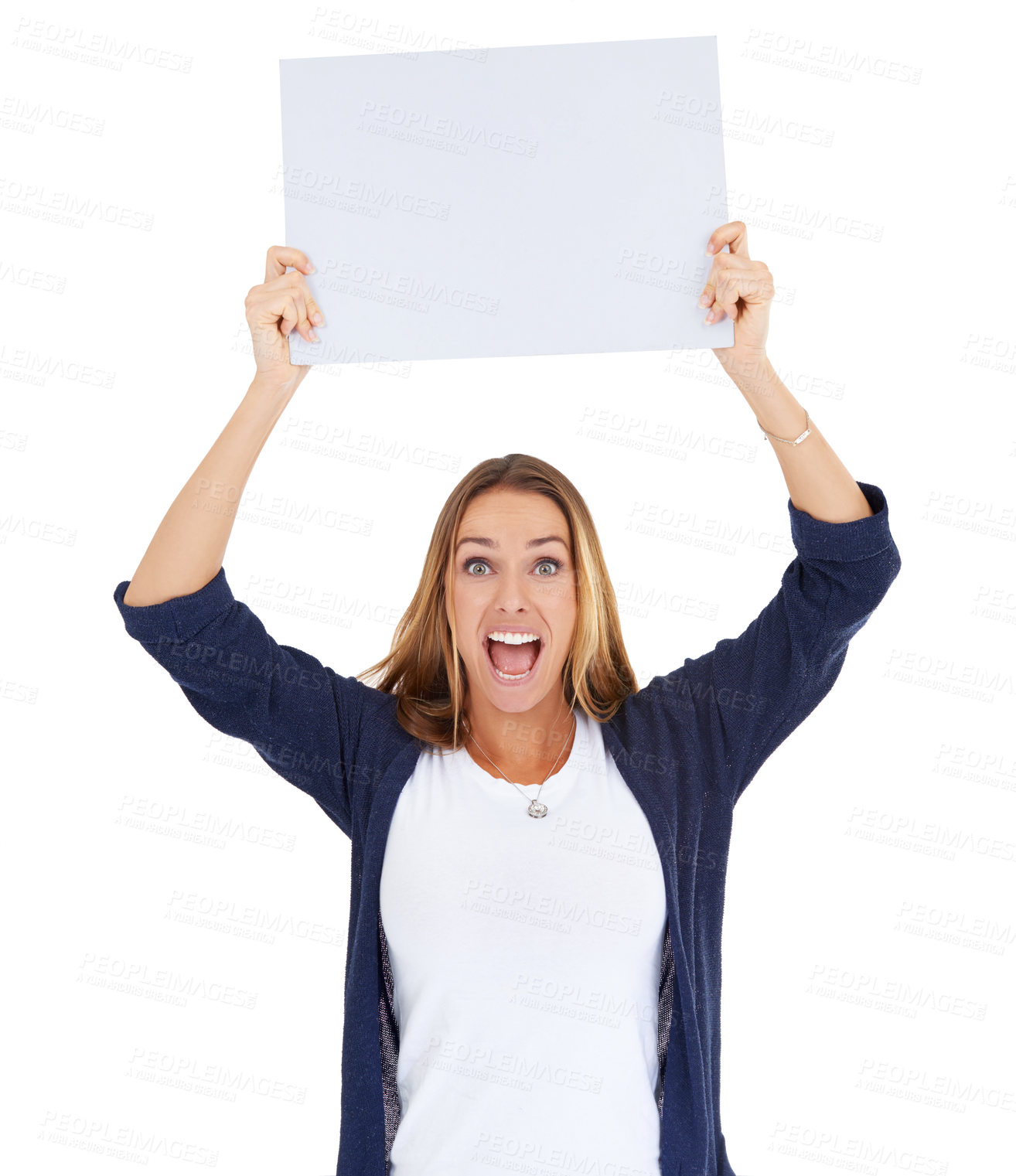 Buy stock photo Presentation, blank poster and portrait of excited woman in studio for deal, promo or happy news mockup. Sign, offer and girl with announcement, opinion or info on cardboard with white background.