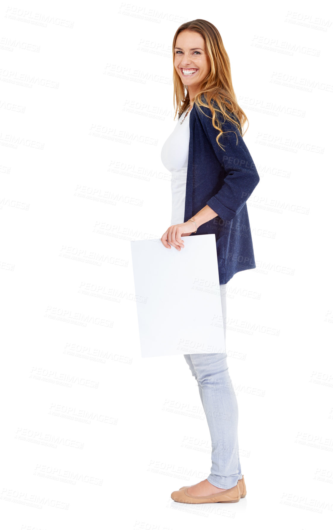 Buy stock photo Studio, blank paper and portrait of happy woman in shock for deal, promo or news mockup. Signage, offer and girl with smile for announcement, opportunity or info on cardboard with white background.