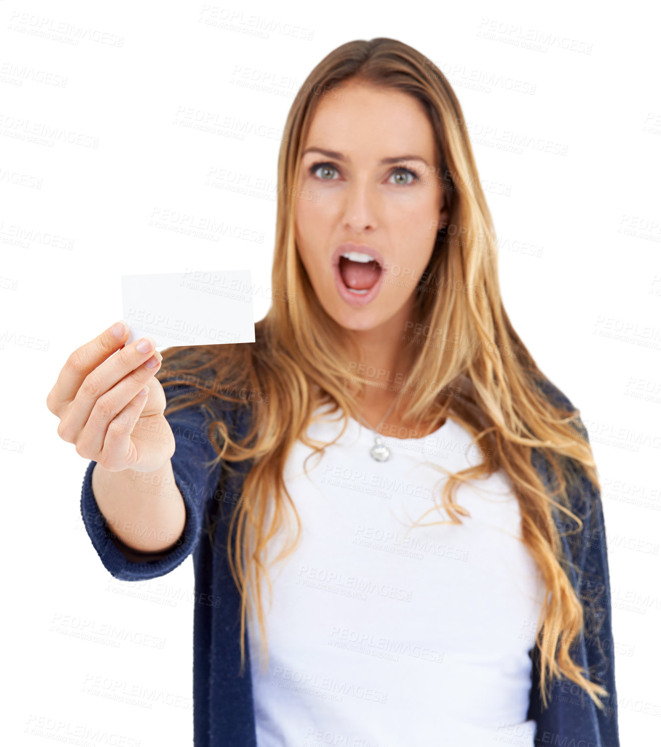 Buy stock photo Bank, business card and portrait of excited woman in studio for deal, promo or info on mockup. Signage, offer and girl with sign for identity, opportunity or voucher on cardboard on white background