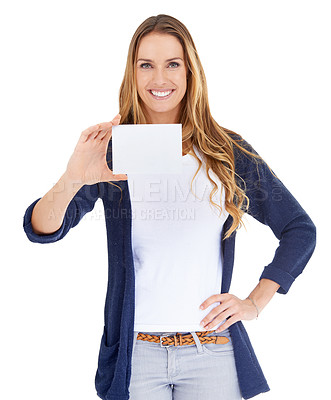 Buy stock photo Business card, mockup and woman in portrait isolated on a white background, design space and career advertising. Presentation, face and confident entrepreneur or person with paper mock up in studio