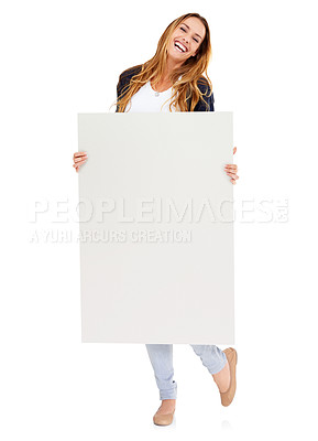 Buy stock photo Studio, blank board and portrait of happy woman with deal info, promo or news on mockup. Signage, offer and excited girl with announcement, presentation and space on poster with white background.