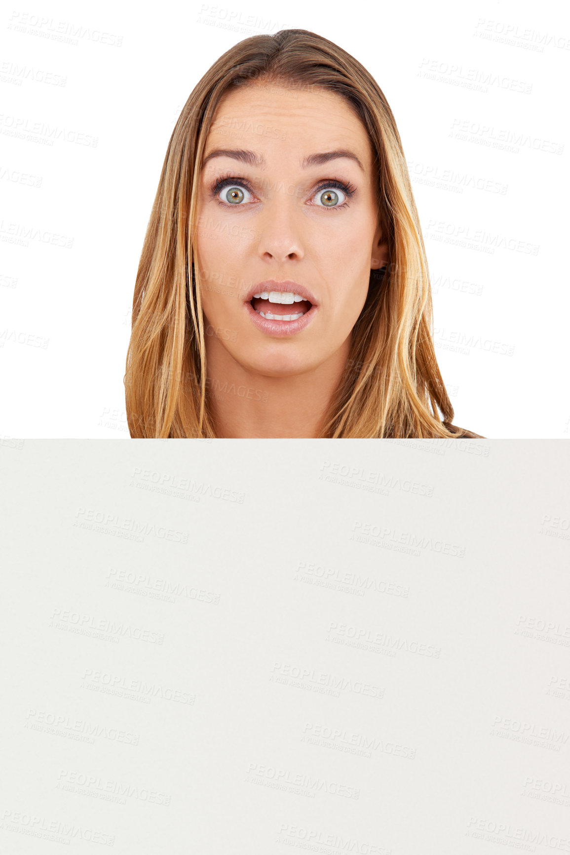 Buy stock photo Mockup, blank sign and portrait of woman in shock for deal, promo or happy news in studio. Wow, offer and girl with poster announcement, information or sign up space on cardboard on white background.