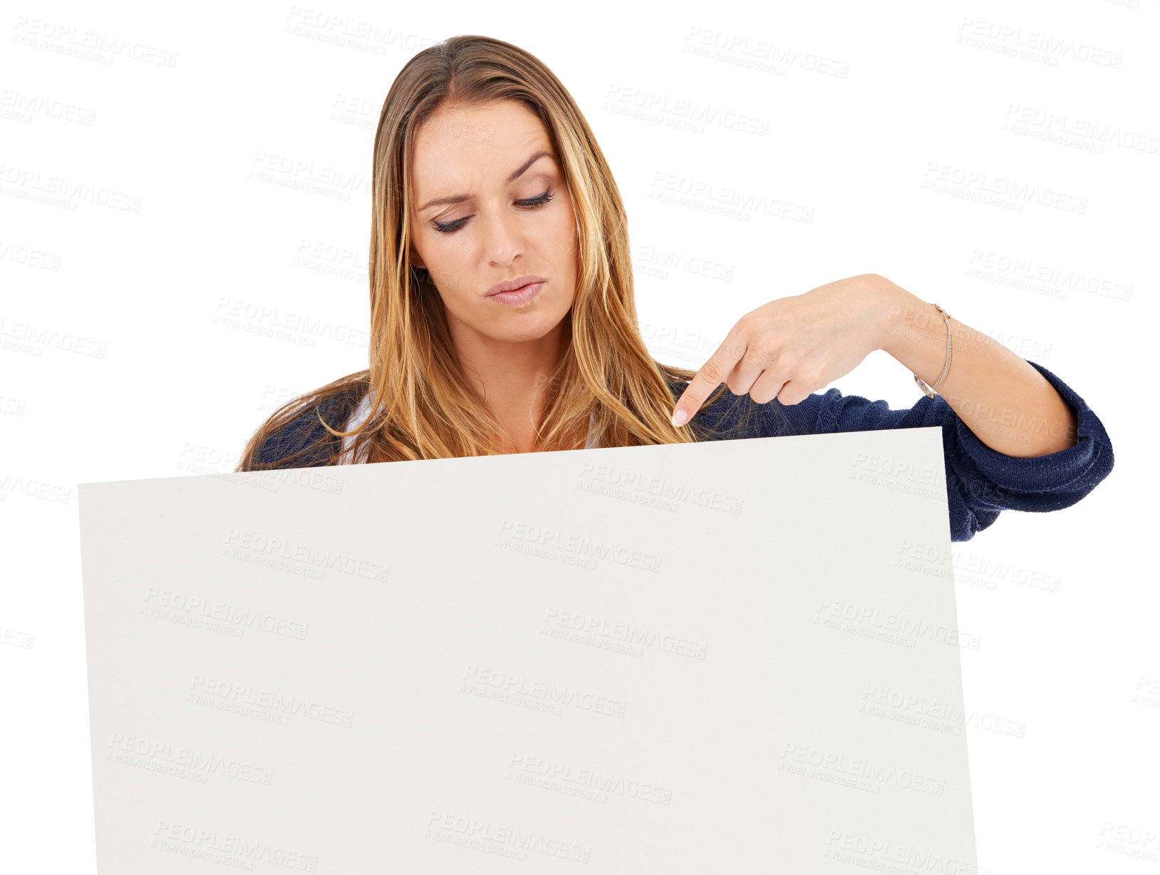 Buy stock photo Studio, pointing and woman with blank poster for deal, promo or news on mockup space. Billboard, offer and girl with sign announcement, presentation or information on cardboard with white background.