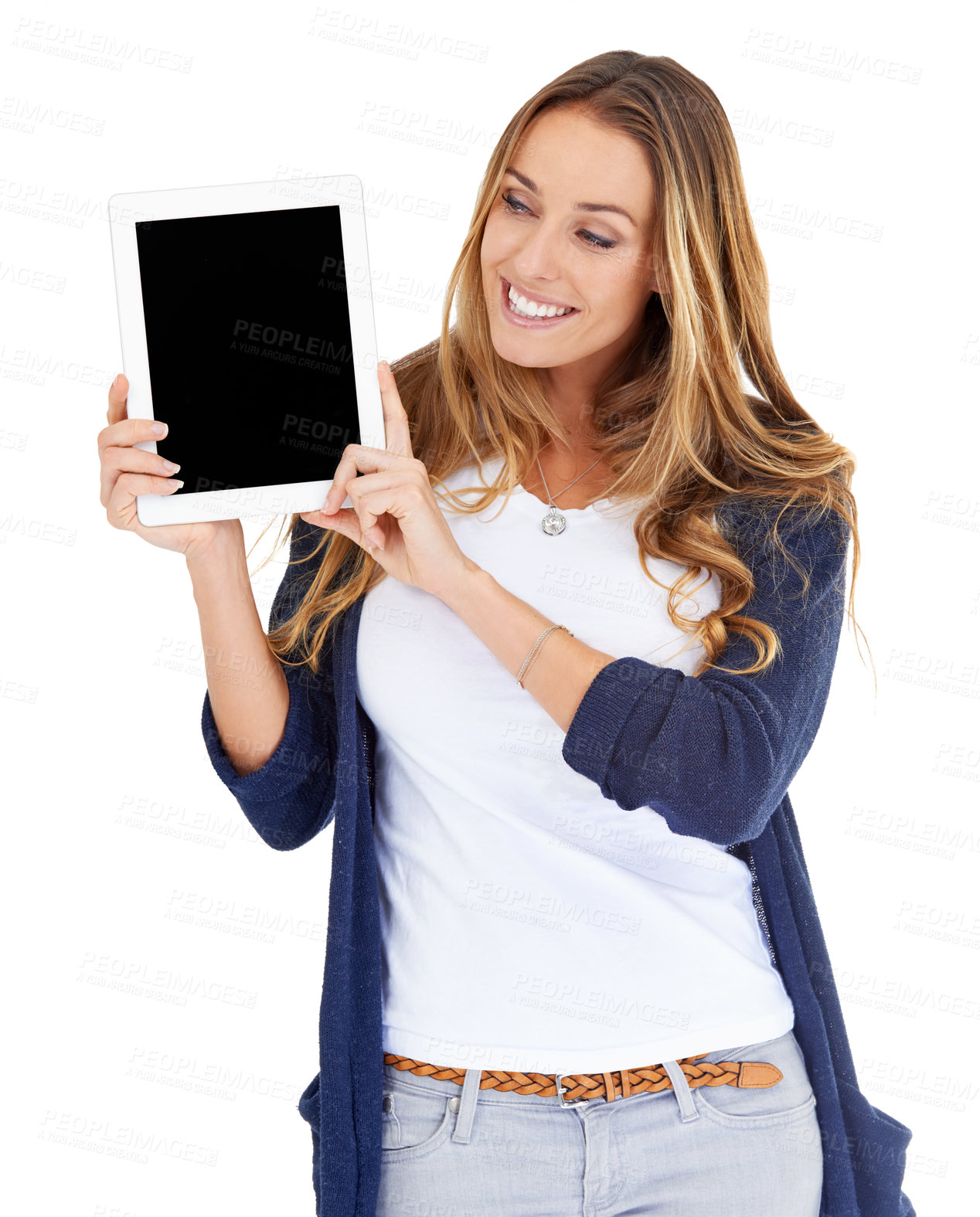 Buy stock photo Tablet, scree  mockup and woman isolated on a white background for website design, advertising and space. Happy person, model or online user with digital technology, application and mock up in studio