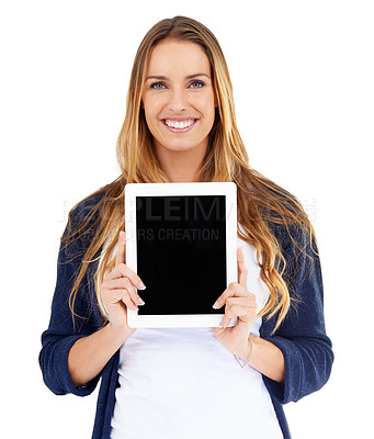 Buy stock photo Woman portrait, tablet and mockup on screen isolated on a white background for website advertising and space. Happy person, model or digital user on online technology, application and promo in studio